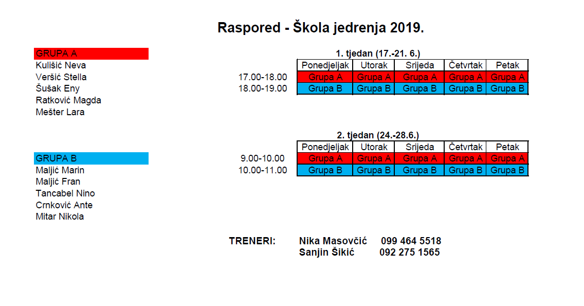 Raspored škole jedrenja 1. i 2. tjedan 2019.